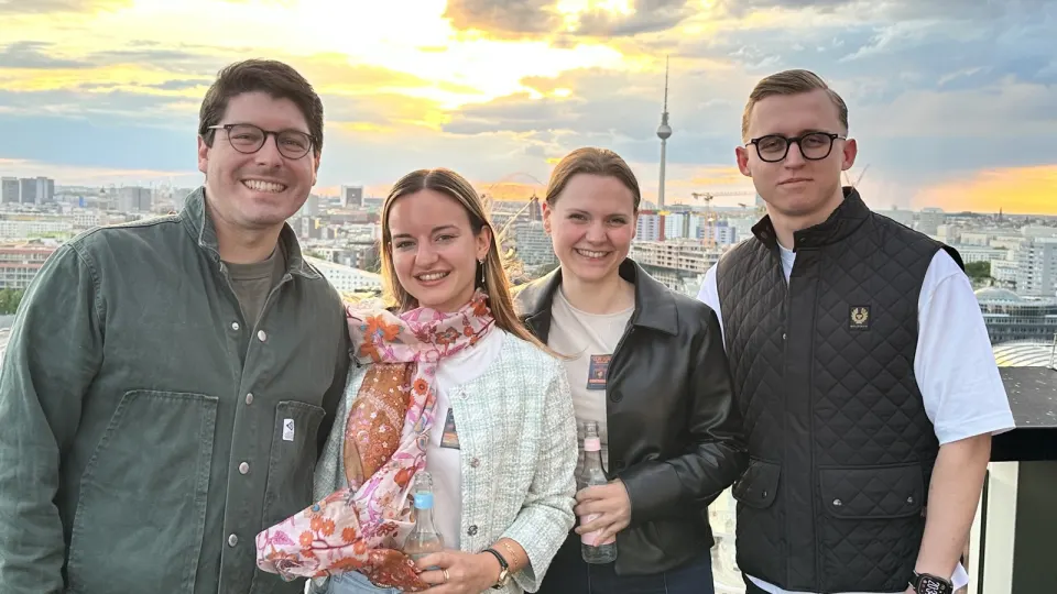 The Checkpoint GTM team on a Berlin rooftop at sunset